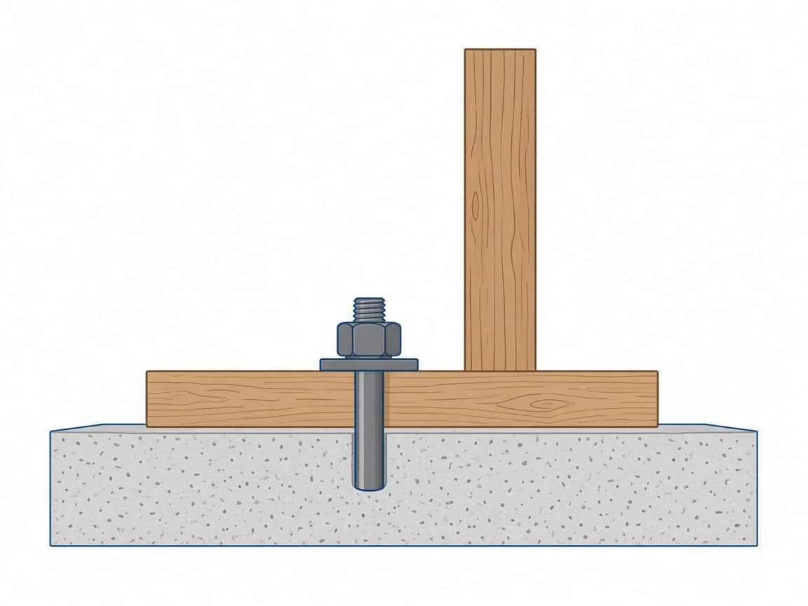 Framing 4 Illustration (side view): an anchor bolt through the bottom plate with a washer and nut. Your anchor type and spacing come from your plans.