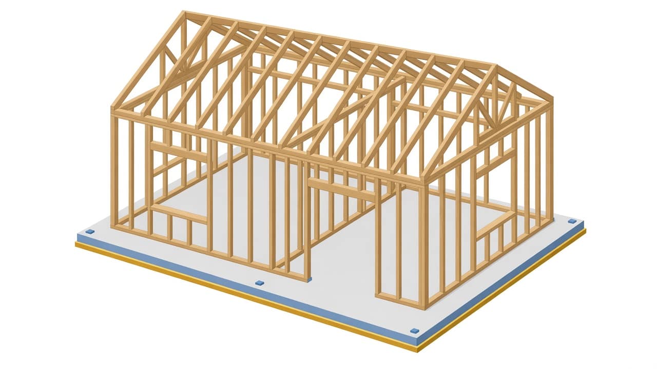 Framing 1 Illustration: a framed structure with walls, openings and roof trusses all in view. Start your video wide like this, then move in.